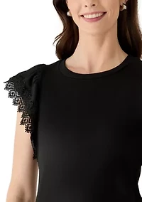 Women's Flutter Sleeve Mixed Media Knit Top