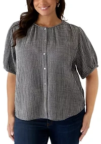 Plus Puff Sleeve Gingham Button Down Shirt
