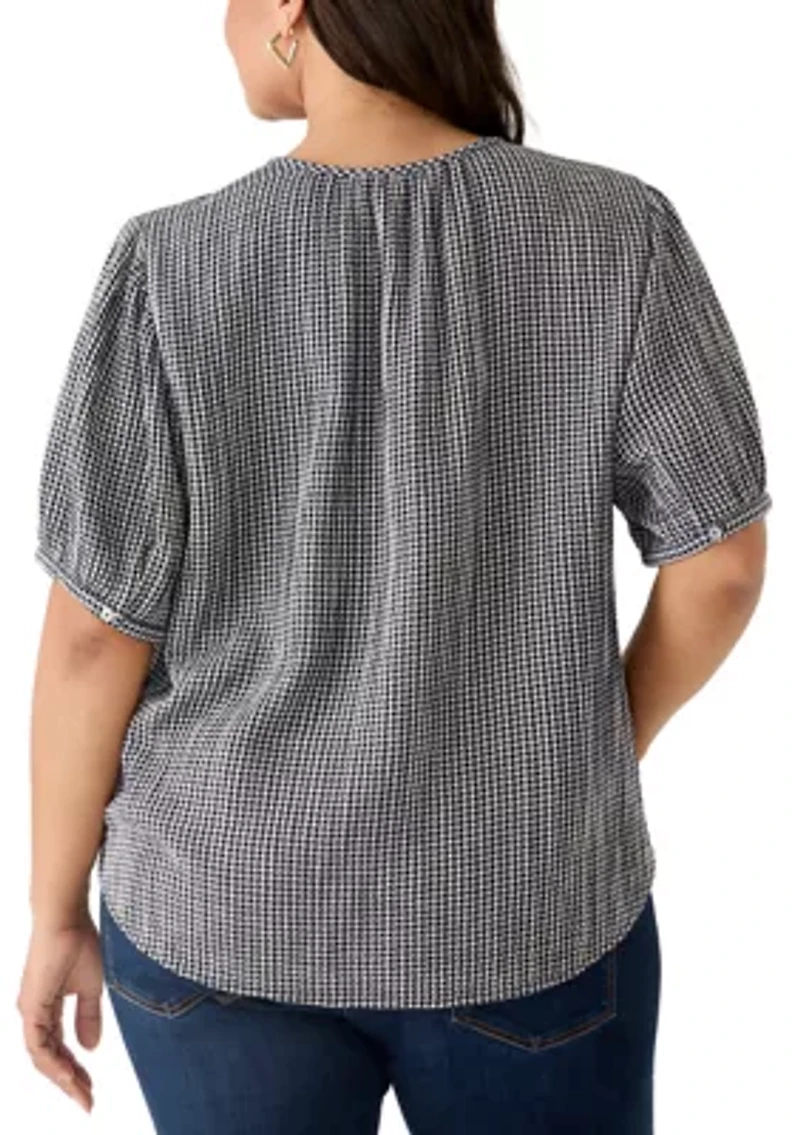 Plus Puff Sleeve Gingham Button Down Shirt