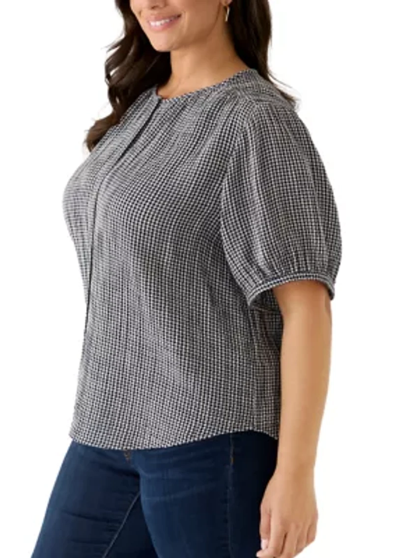Plus Puff Sleeve Gingham Button Down Shirt
