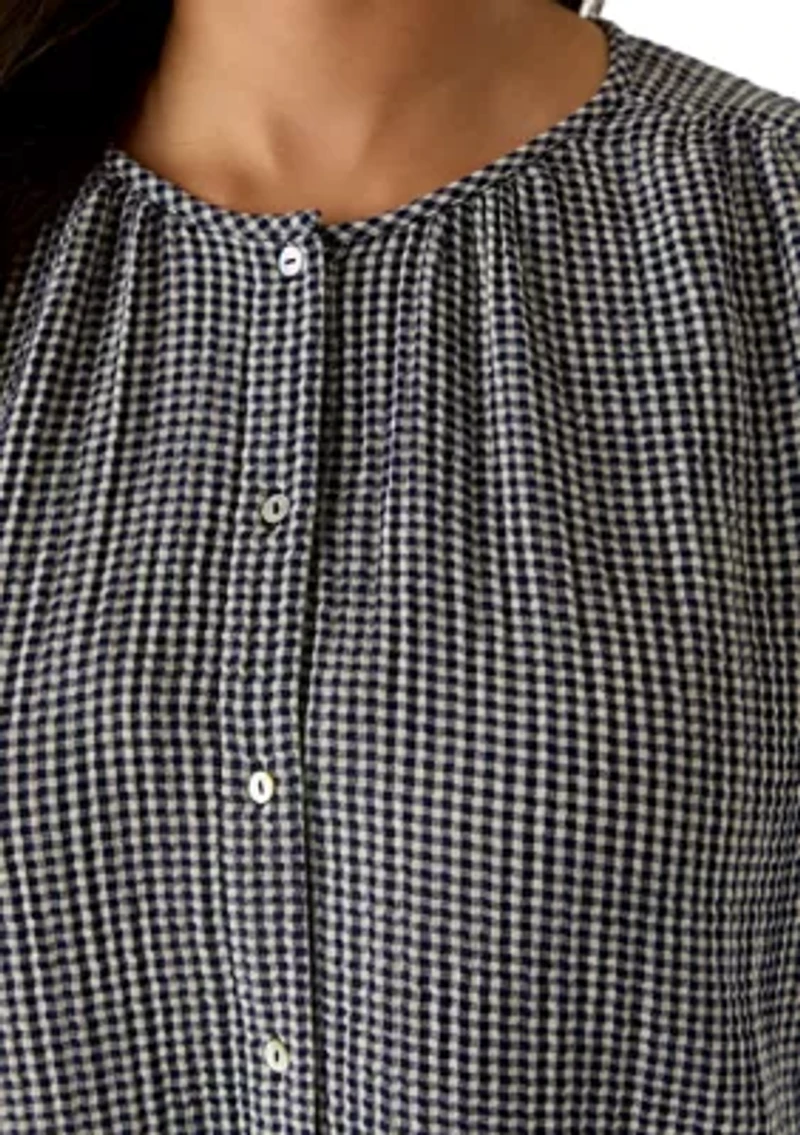 Plus Puff Sleeve Gingham Button Down Shirt