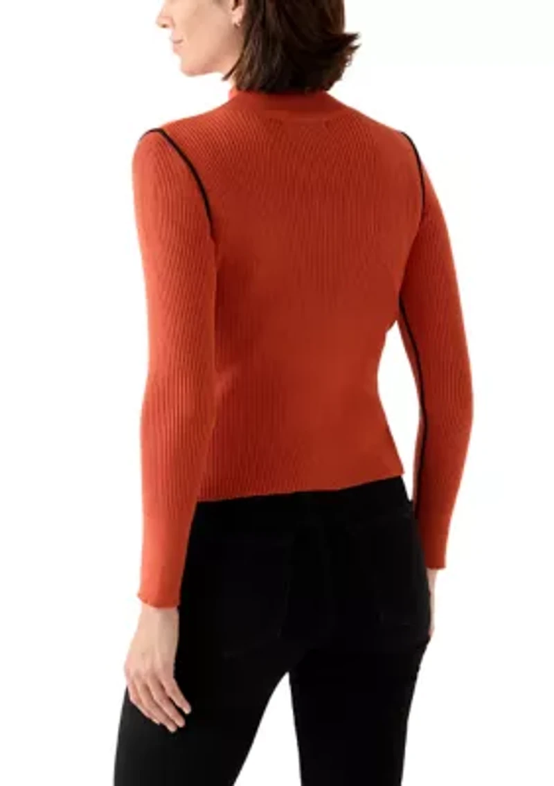 Women's Mock Neck Sweater with Contrast Piping