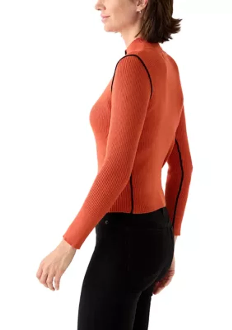 Women's Mock Neck Sweater with Contrast Piping