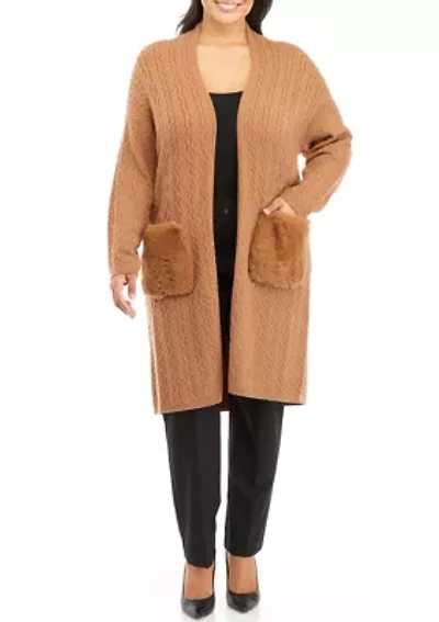 Plus Long Sleeve Cable Cardigan with Fur Pockets