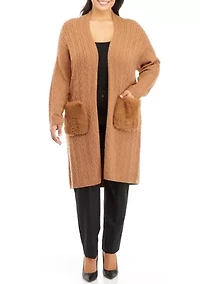 Plus Long Sleeve Cable Cardigan with Fur Pockets