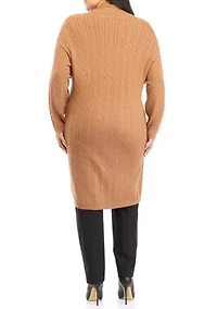 Plus Long Sleeve Cable Cardigan with Fur Pockets