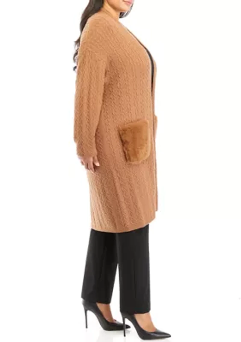 Plus Long Sleeve Cable Cardigan with Fur Pockets