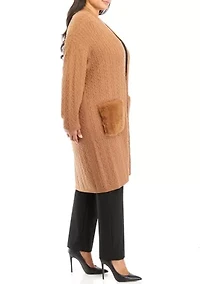 Plus Long Sleeve Cable Cardigan with Fur Pockets