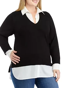 Plus Long Sleeve V-Neck 2fer Sweater