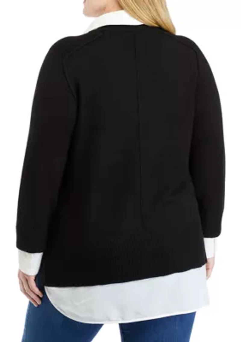Plus Long Sleeve V-Neck 2fer Sweater