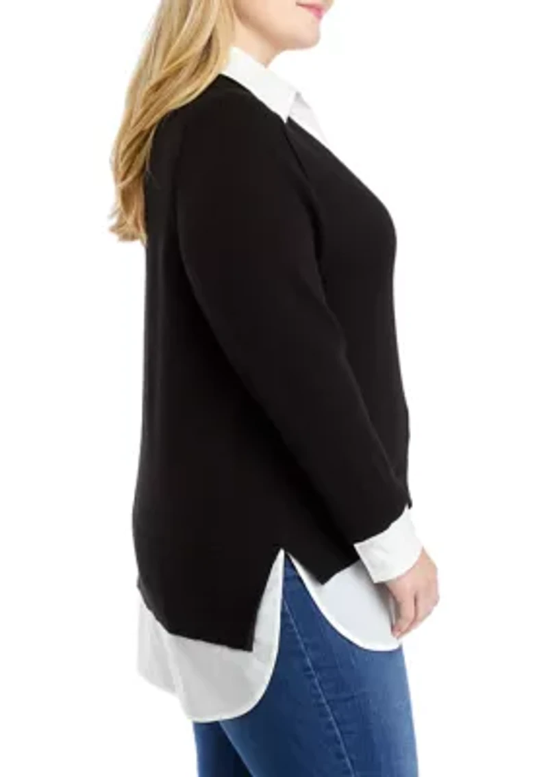 Plus Long Sleeve V-Neck 2fer Sweater