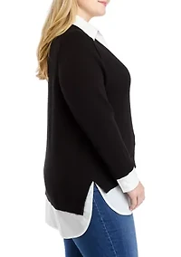 Plus Long Sleeve V-Neck 2fer Sweater