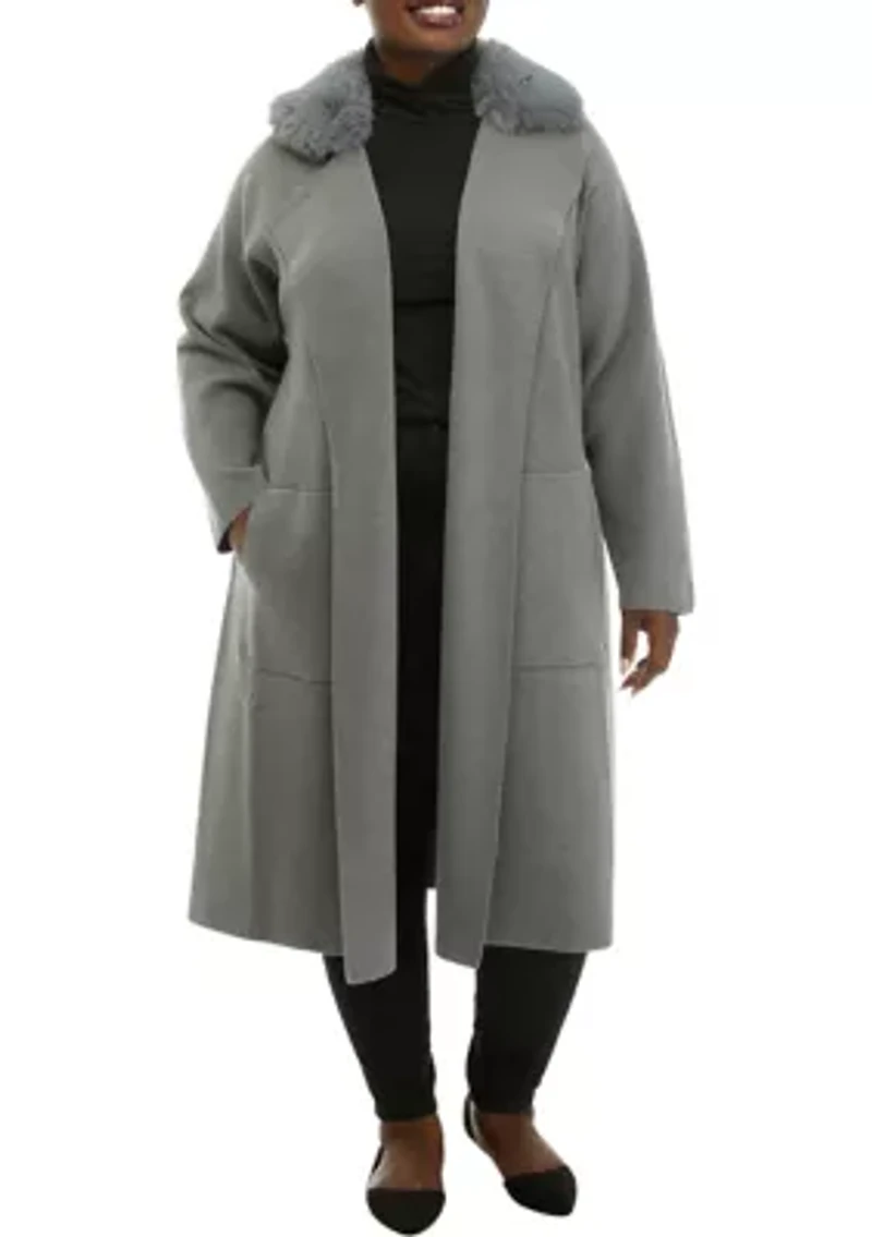 Plus Open Front Fur Collar Duster Cardigan