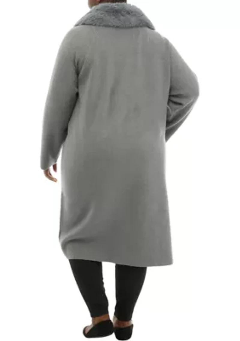 Plus Open Front Fur Collar Duster Cardigan
