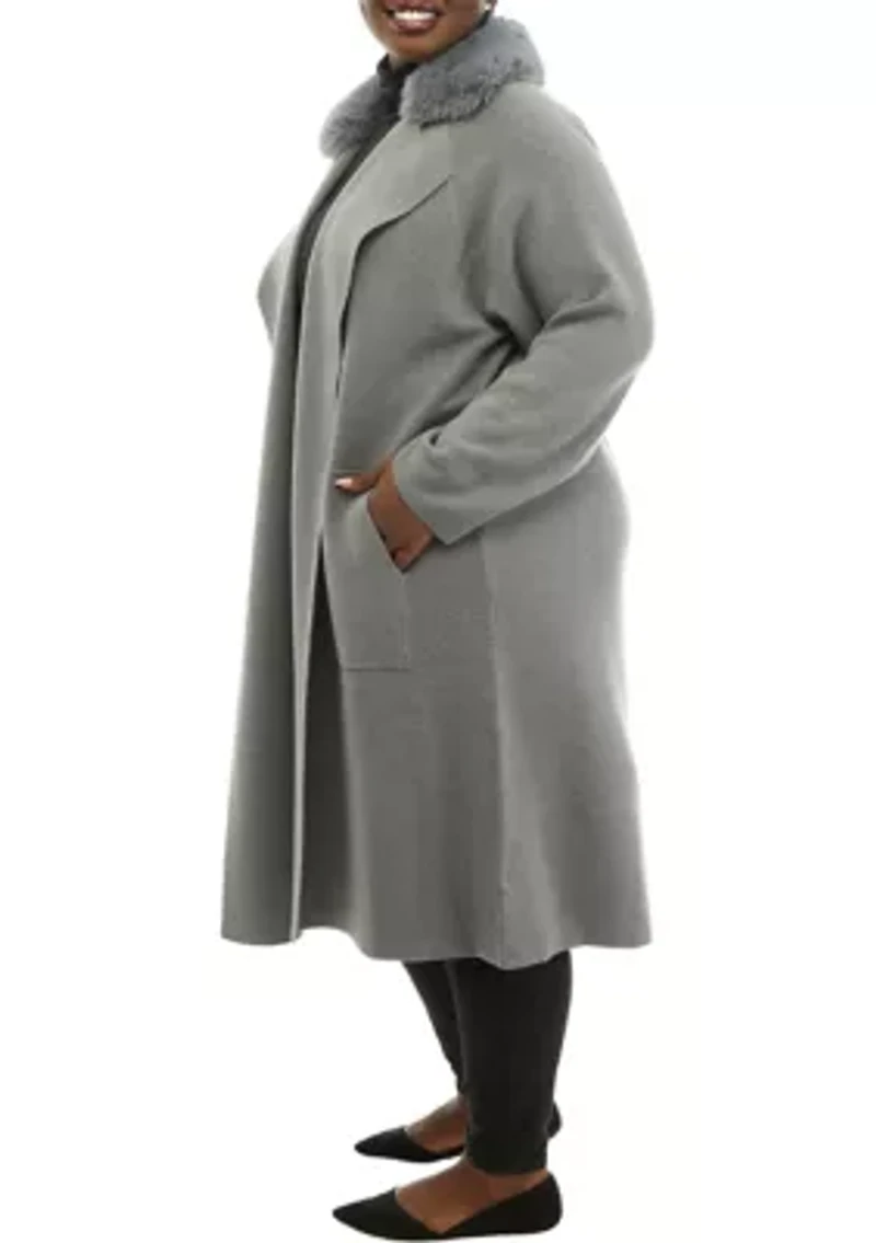 Plus Open Front Fur Collar Duster Cardigan