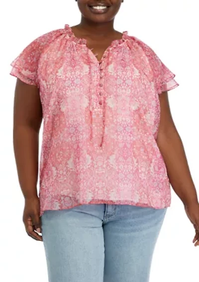 Plus Button Front Tie Top with Tiered Sleeves