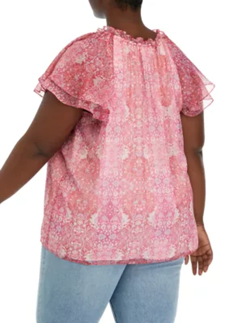 Plus Button Front Tie Top with Tiered Sleeves