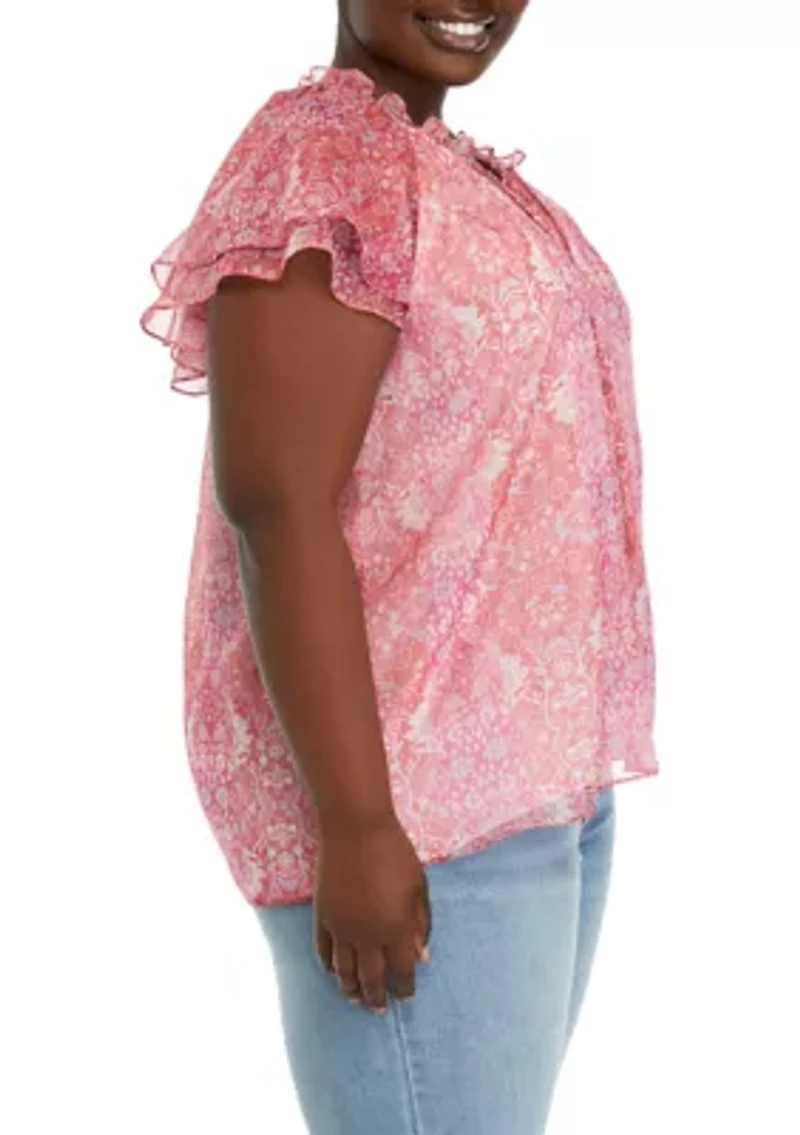 Plus Button Front Tie Top with Tiered Sleeves