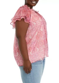 Plus Button Front Tie Top with Tiered Sleeves