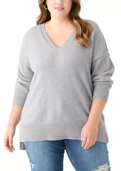 Plus Long Sleeve V-Neck Pullover with High/Low Hem