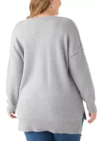 Plus Long Sleeve V-Neck Pullover with High/Low Hem