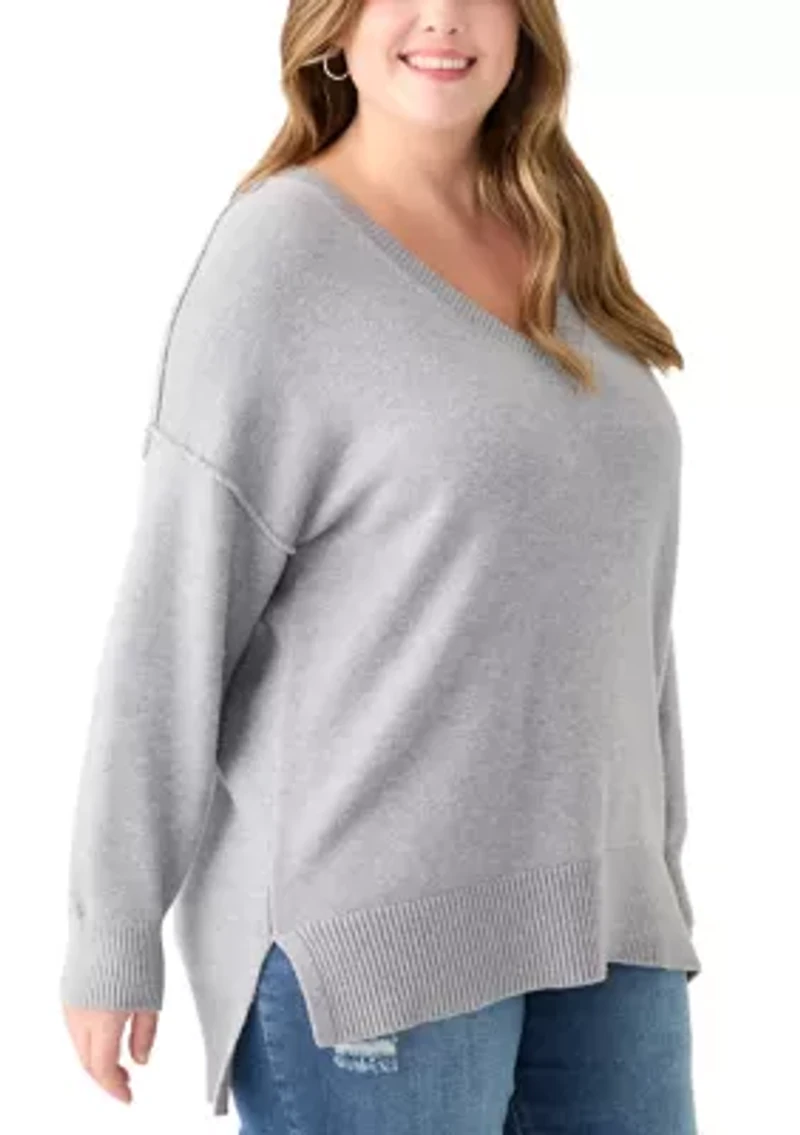 Plus Long Sleeve V-Neck Pullover with High/Low Hem