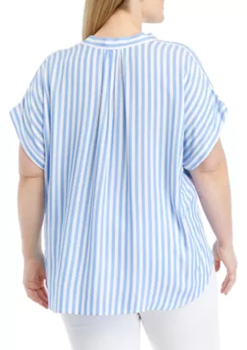 Plus Curved Hem V-Neck Placket Blouse