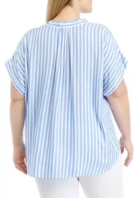 Plus Curved Hem V-Neck Placket Blouse