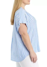 Plus Curved Hem V-Neck Placket Blouse