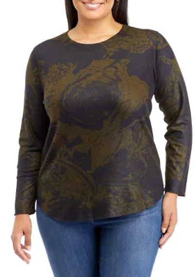 Plus Printed Top with Shirttail Hem