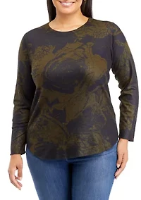 Plus Printed Top with Shirttail Hem