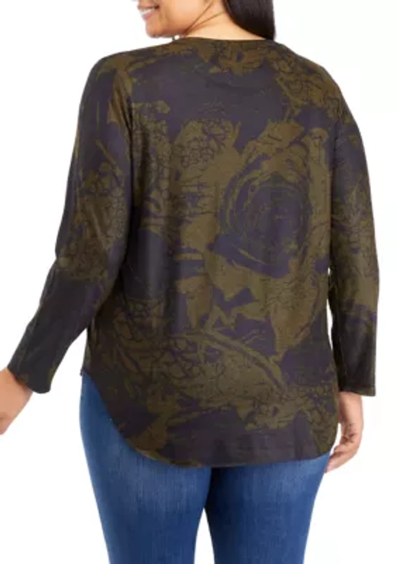Plus Printed Top with Shirttail Hem