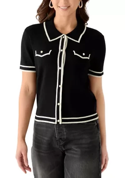 Women's Short Sleeve Faux Pearl Button Up Cropped Polo Sweater