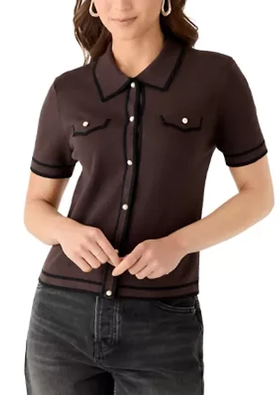 Women's Short Sleeve Faux Pearl Button Up Cropped Polo Sweater