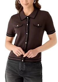 Women's Short Sleeve Faux Pearl Button Up Cropped Polo Sweater