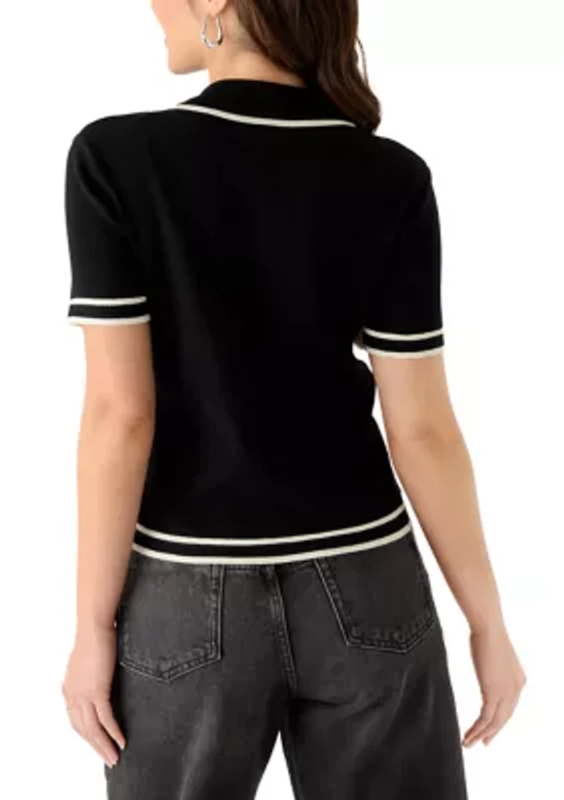 Women's Short Sleeve Faux Pearl Button Up Cropped Polo Sweater