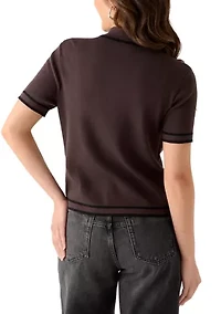 Women's Short Sleeve Faux Pearl Button Up Cropped Polo Sweater