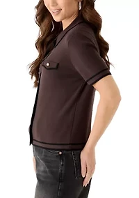 Women's Short Sleeve Faux Pearl Button Up Cropped Polo Sweater