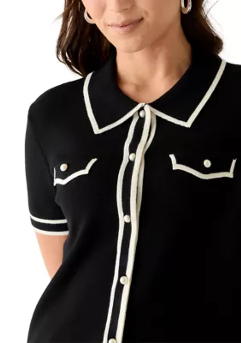 Women's Short Sleeve Faux Pearl Button Up Cropped Polo Sweater