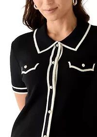 Women's Short Sleeve Faux Pearl Button Up Cropped Polo Sweater