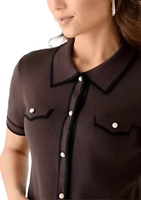 Women's Short Sleeve Faux Pearl Button Up Cropped Polo Sweater