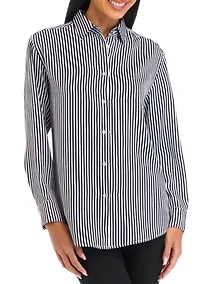 Petite Long Sleeve Collared Button Front Tunic Shirt