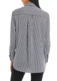 Petite Long Sleeve Collared Button Front Tunic Shirt