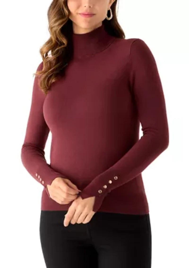 Women's Long Sleeve Turtleneck Button Cuff Sweater