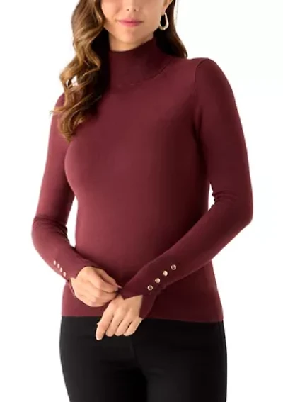Women's Long Sleeve Turtleneck Button Cuff Sweater