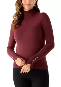 Women's Long Sleeve Turtleneck Button Cuff Sweater