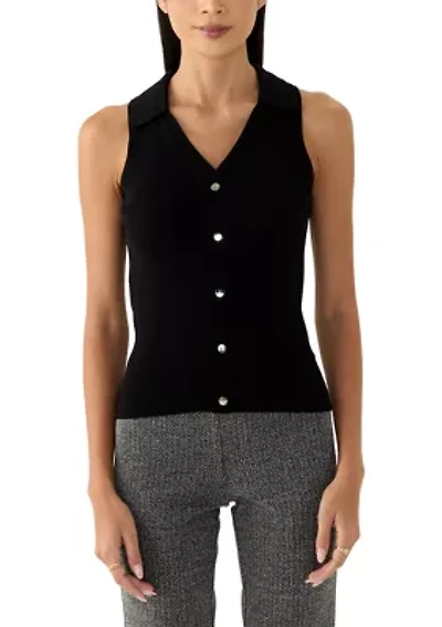Petite Viscose Blend Sleeveless Collar Rib Tank with Center Front Nonfunctional Placket and Silver Metal Snaps