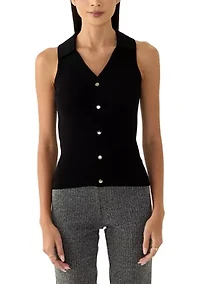 Petite Viscose Blend Sleeveless Collar Rib Tank with Center Front Nonfunctional Placket and Silver Metal Snaps