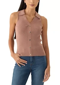 Petite Viscose Blend Sleeveless Collar Rib Tank with Center Front Nonfunctional Placket and Silver Metal Snaps