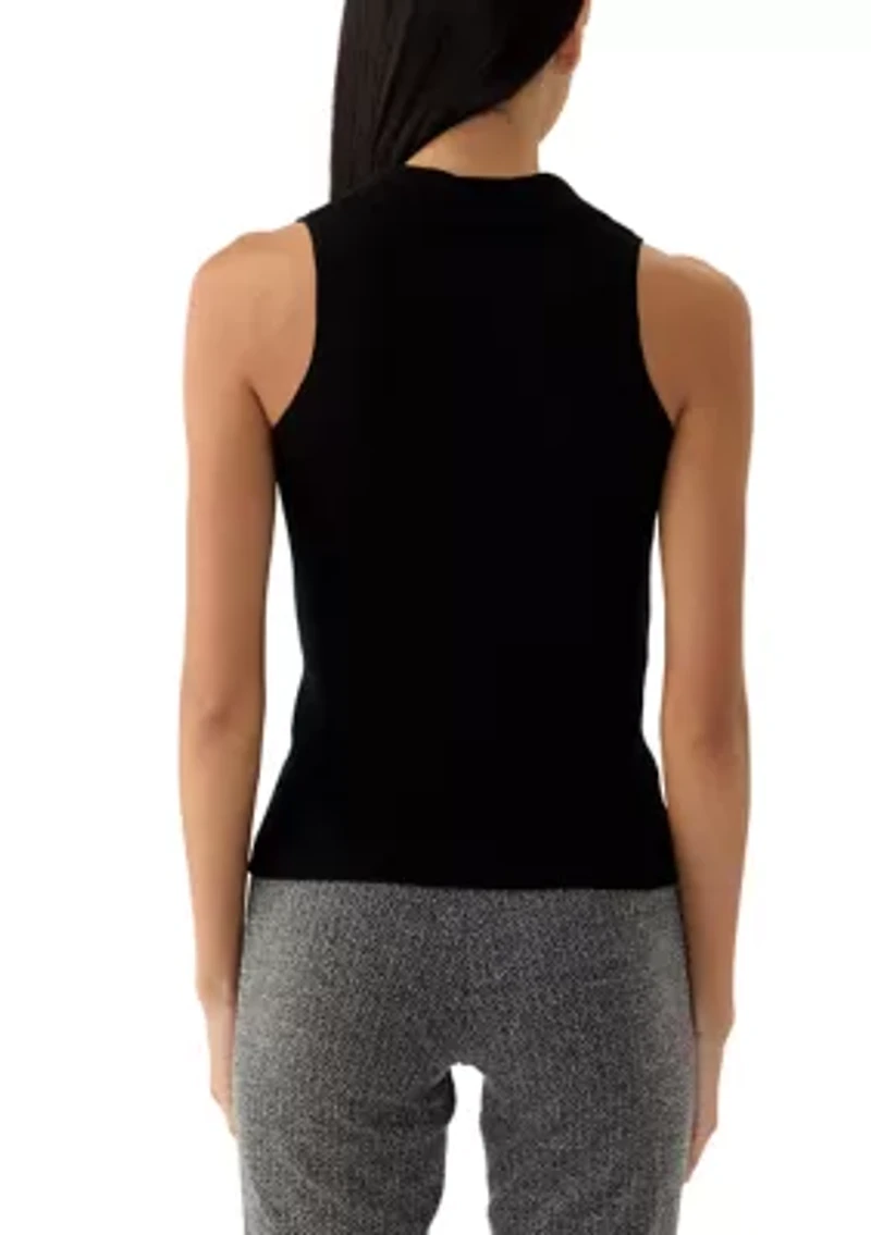 Petite Viscose Blend Sleeveless Collar Rib Tank with Center Front Nonfunctional Placket and Silver Metal Snaps